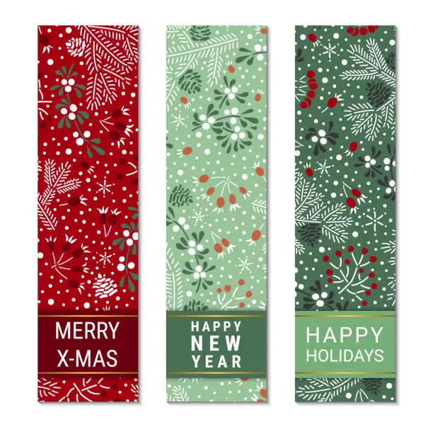 Vector illustration of Happy holidays, New Year, Merry X-mas colorful ornate vertical banner template set. Elegant fir branches, cones, mistletoe leaves, red elderberry and rowan berry pattern. EPS 10 vector backgrounds.