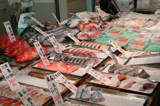 merchant selling multiple varieties of fish on ice for sushi in japan