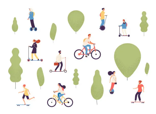 Vector illustration of Active people in park. Man woman kids riding electric vehicles bike skateboard skate bicycle roller gyroscooter outdoor vector park