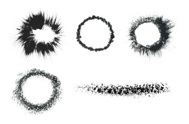 ilustrações de stock, clip art, desenhos animados e ícones de set of five different brush variations in vector isolated on white paper background - abstract messy uneven illustration painted by hand and black paint - dotted line and four round spheres with uneven edges - unique doodle art with brush imprints - two dimensional shape paper exploding nobody