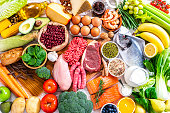 Food backgrounds: table filled with large variety of food shot from above