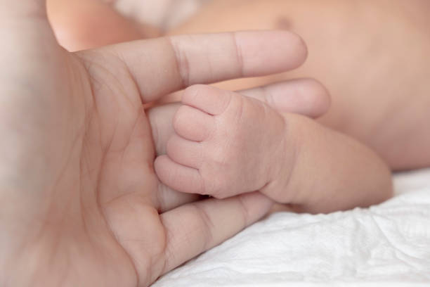 istock New-born baby's tiny hand in father's hand. Father is holding a little newborn baby's tiny hand. 1287580038