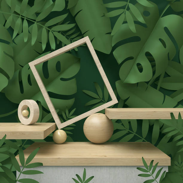 3d rendering scene podium display with Tropical leaf background.