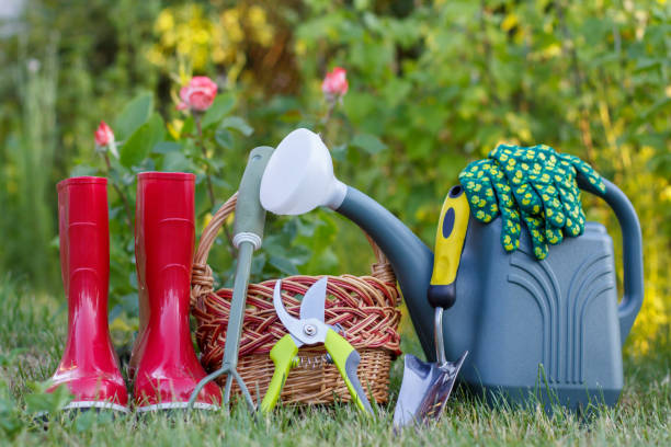 istock Red garden rubber boots, small rake, pruner, wicker basket, trowel and plastic watering can on green grass. 1287581702