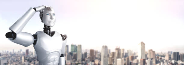 istock 3D illustration robot humanoid looking forward against cityscape skyline 1287582442