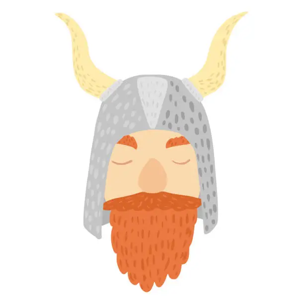Vector illustration of Viking in long helmet with horns isolated on white background. Cartoon cute face viking in doodle style.