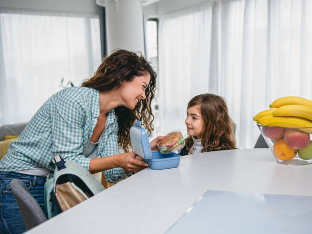 お弁当を母親から受け取る学校の子供 - child human hand sandwich lunch box ストックフォトと画像