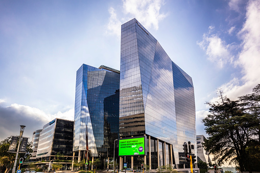 Bowmans office building, a law firm in Sandton, Sandton houses approximately 300 000 residents and 10 000 businesses, including investment banks, top businesses, financial consultants, the Johannesburg stock exchange and one of the biggest convention centres on the African continent, the Sandton Convention Centre.