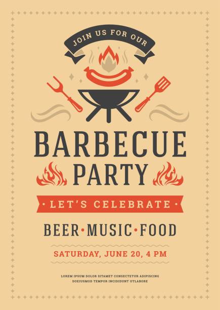 Barbecue party vector flyer or poster design template Barbecue party vector flyer or poster design template. BBQ cookout event retro typography. chef cooking flames stock illustrations