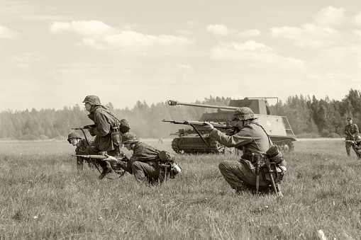 Saint-Petersburg / Russia - August, 22, 2020:Military reconstruction of the battlefield of times World War II