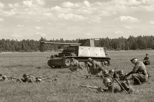 Saint-Petersburg / Russia - August, 22, 2020:Military reconstruction of the battlefield of times World War II