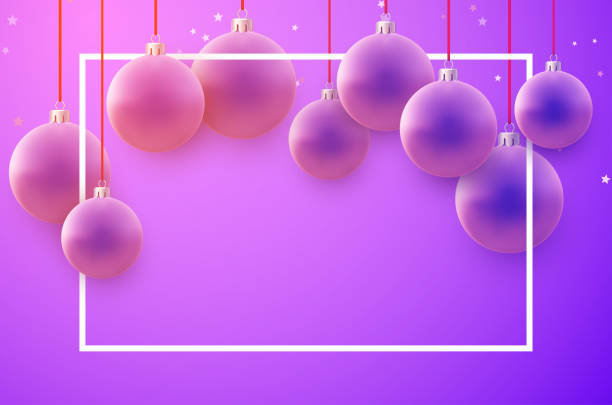 istock Horizontal frame with purple christmas tree balls hanging on red ribbons. 1287587984