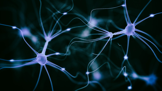 Neuron synapse hologram - 3d rendered image of Neuron cell network on black background.  Conceptual medical image.  Healthcare concept. SEM [TEM] hologram view.