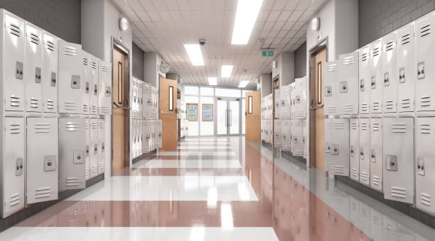 istock Long school corridor with white lockers , 3d illustration 1287593909