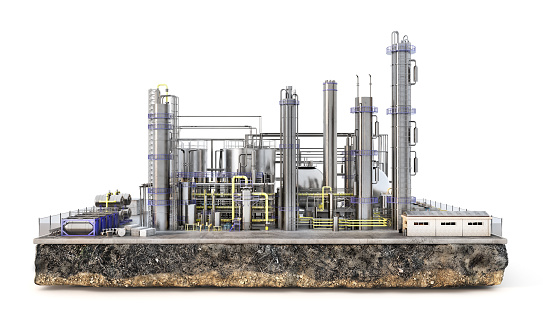 Oil factory on the island isolated on white background. 3d illustration