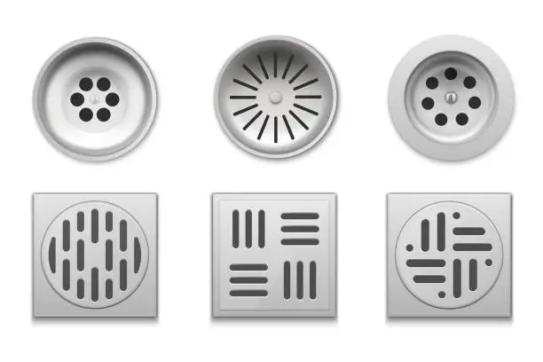 Vector illustration of Drainage set for bathroom, floor drain vector realistic