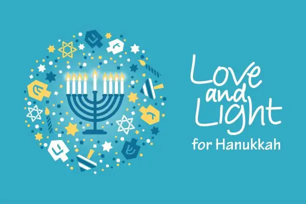 Vector illustration of Hanukkah greeting card. Love and Light for Hanukkah lettering with menorah, dreidels, David stars, candles in a circle on blue background.