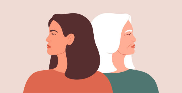 ilustrações de stock, clip art, desenhos animados e ícones de generation gap concept. a young woman and mature female look away from each other during conflict or disagreement. women have their backs on one another. - generation gap