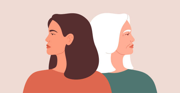 Generation gap concept. A young woman and mature female look away from each other during conflict or disagreement. Women have their backs on one another. Generation gap concept. A young woman and mature female look away from each other during conflict or disagreement. Women have their backs on one another. Vector illustration arguing stock illustrations