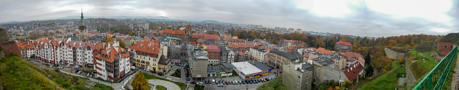 Panorama of the old town in Czechia on a cloudy day