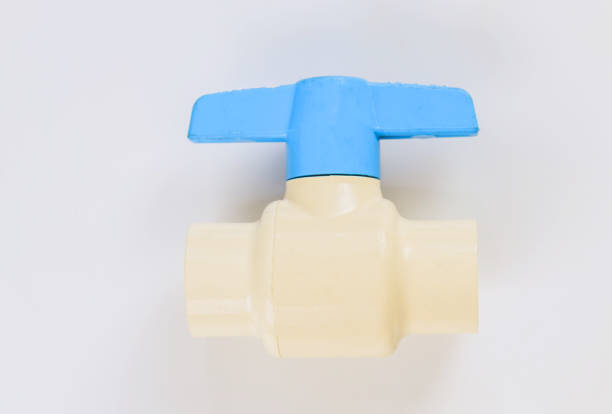 Connecting with close up blue PVC plastic valve for supply water isolated on white background