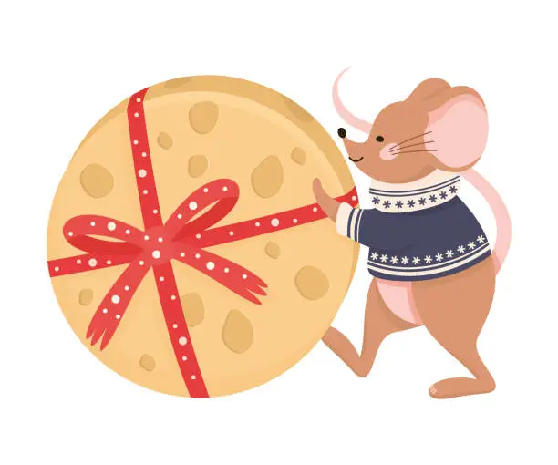 Vector illustration of Smiling Mouse as New Year Character in Knitted Sweater Pushing Huge Cheese Wheel Vector Illustration