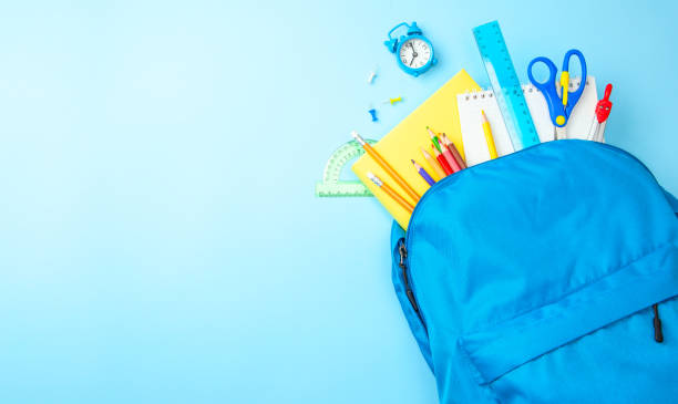 istock School bag. Backpack with supplies for school on blue background. Copy space for text 1287597230