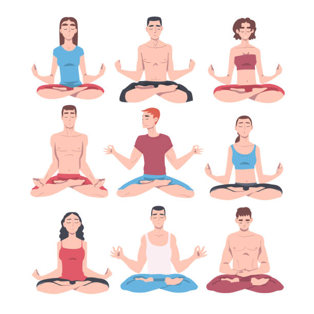 ilustrações, clipart, desenhos animados e ícones de personagens de pessoas meditando sentados de pernas cruzadas no conjunto de ilustração vetorial de posição de lótus - men yoga meditating cross legged