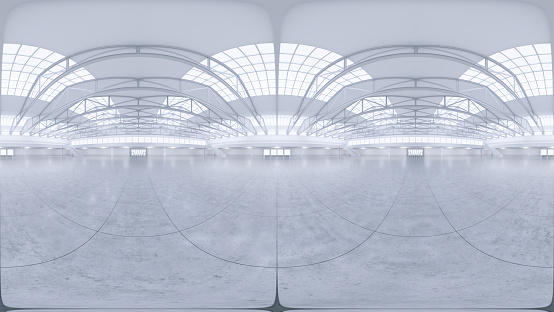 Panorama hdri esférico completo 360 grados de espacio de exposición vacío. telón de fondo para exposiciones y eventos. Suelo de baldosa. Maqueta de marketing. Ilustración de renderización 3D photo