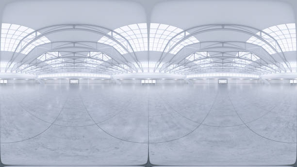 istock Full spherical panorama 360 degrees of empty exhibition space. backdrop for exhibitions and events. Tile floor. Marketing mock up. 3D render illustration 1287598569