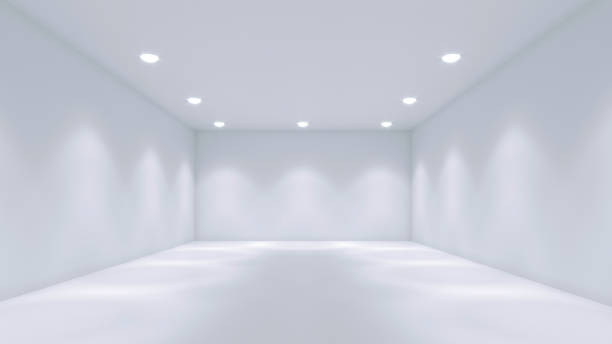 Empty white room with spotlights - gallery, product or modern interior template, 3D illustration