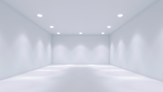 Empty white room with spotlights - gallery, product or modern interior template, 3D illustration