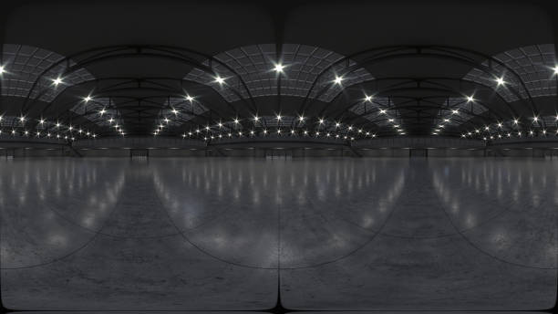 istock Full spherical panorama 360 degrees of empty exhibition space. backdrop for exhibitions and events. Tile floor. Marketing mock up. 3D render illustration 1287598960