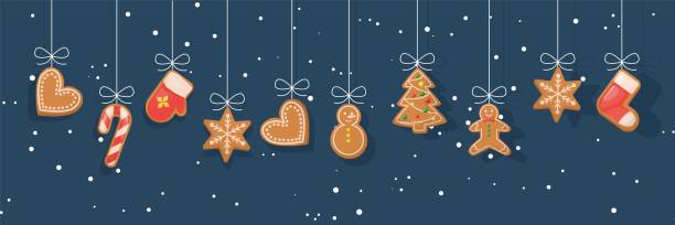 ilustraciones, imágenes clip art, dibujos animados e iconos de stock de galletas de pan de jengibre que cuelgan sobre el fondo nevado de invierno. - christmas holiday vacations candy cane
