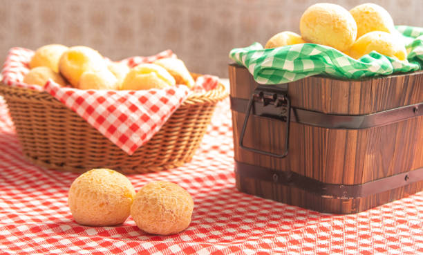 istock Cheese bread from Brazil. Cheese bread on a table with red and white checked tablecloth, selective focus. 1287600246