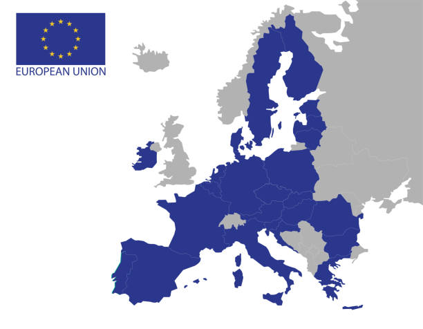 歐盟政治地圖。歐盟國旗。歐洲地圖孤立在白色背景上。向量插圖 - 歐洲 幅插畫檔、美工圖案、卡通及圖標