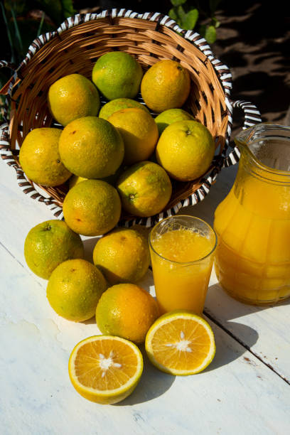 istock Oranges and orange juice on an old white table with blurred nature in the background, natural light, selective focus. 1287601327