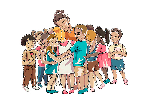 Ilustración de Niños Abrazando A Su Maestro O Educador Sentado Ilustración  Aislada Vectorial y más Vectores Libres de Derechos de Respeto - iStock