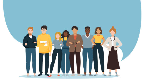 Vector of a multiethnic group of diverse people standing together Vector of a multiethnic group of diverse people men and women standing together jobs stock illustrations