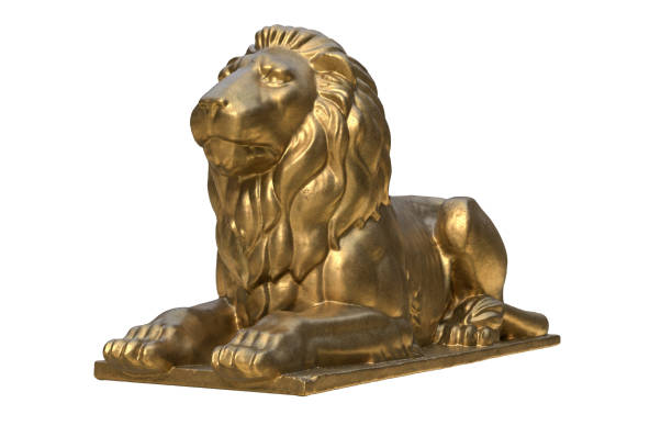istock 3D render of lying lion gold sculpture isolated on white 1287605282