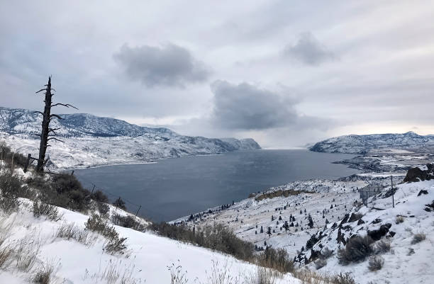 Frozen mountain Kamloops Lake in winter in cloudy weather. Winter mountain landscape. British Columbia, Canada kamloops stock pictures, royalty-free photos & images