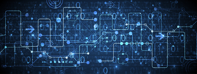 Abstract technology concept with binary code . Circuit board, high computer color background. Vector illustration with space for content, web - template, business tech presentation.