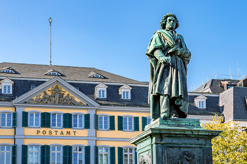 low angle view on the statue of Ludwig van Beethoven in Bonn at late summer day