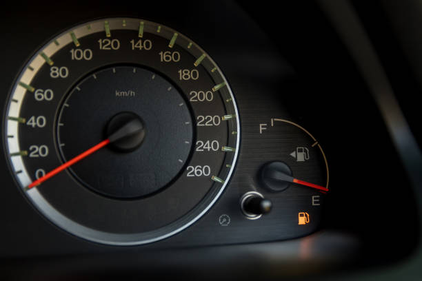 istock Empty fuel warning light in car dashboard. Fuel pump icon. gasoline gauge dash board in car with digital warning sign of run out of fuel turn on. Low level of fuel show on speedometer dashboard. 1287612247