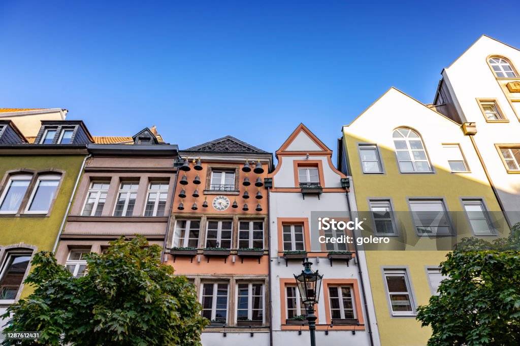 historic town houses in Dusseldorf low angle view on multicolored historic town houses in Düsseldorf city street Düsseldorf Stock Photo