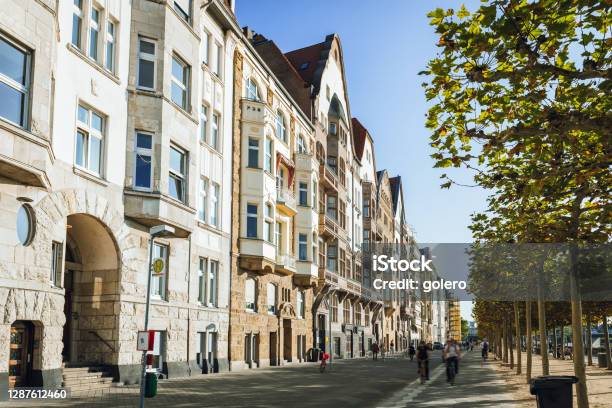 Old Residential Houses At The Rhine River Promenade In Düsseldorf Stock Photo - Download Image Now