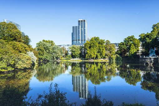 modern business architecture reflecting in the inner city lake Düssel in Düsseldorf on late summer day
