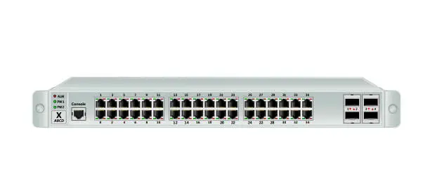 Vector illustration of The Ethernet 1U switch for mounting with a 19-inch rack with 40 ports, including four backbones port. One consol port.
