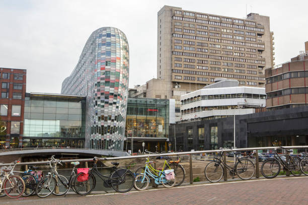 Utrecht, Netherlands, October 20, 2019: Utrecht modern shopping centre, dutch shopping mall, Hoog Catharijne, bicycles parking on the bridge