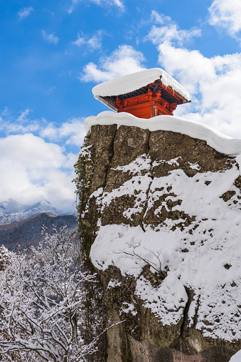 Yamadera, Japan - January 31, 2017: Risshaku-ji Temple during winter season in Yamadera. The shrine was founded in 860 and is a nationally-designated Cultural Property of Japan.